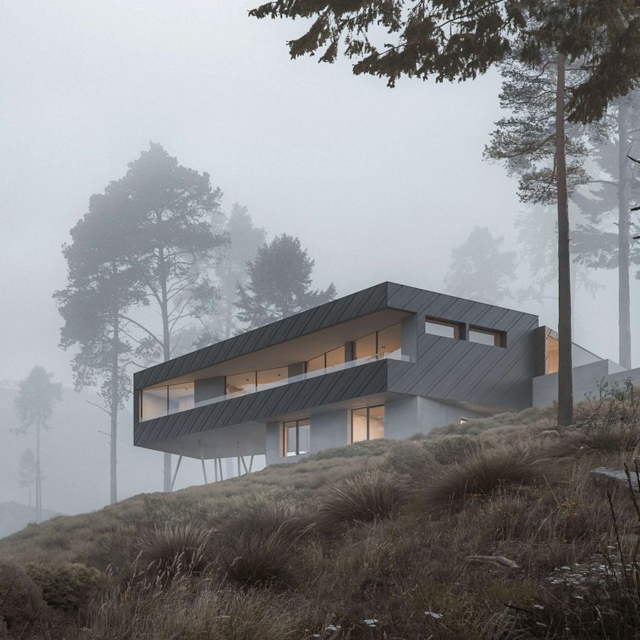 exterior of passive house in the forest